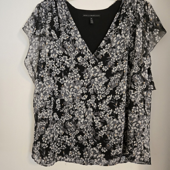 White House Black Market Tops - WHBM Black and Gray Floral Blouse